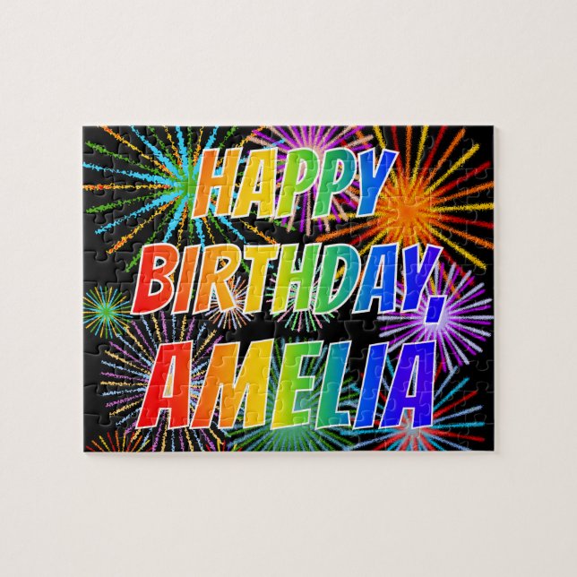 Quebra-cabeça Primeiro nome "AMELIA", Diversão "FELIZ ANIVERSÁRI (Horizontal)