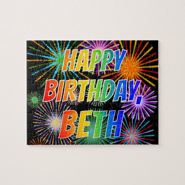 Quebra-cabeça Primeiro nome "BETH", Diversão "FELIZ ANIVERSÁRIO" (Horizontal)