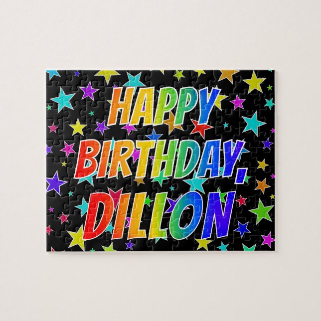 Quebra-cabeça Primeiro nome "DILLON", divertido "FELIZ ANIVERSÁR (Horizontal)