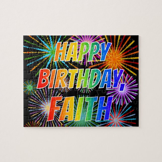 Quebra-cabeça Primeiro nome "FAITH", Diversão "FELIZ ANIVERSÁRIO (Horizontal)