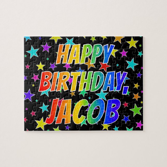 Quebra-cabeça Primeiro nome "JACOB", Diversão "FELIZ ANIVERSÁRIO (Horizontal)