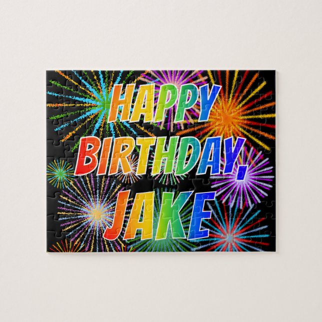 Quebra-cabeça Primeiro nome "JAKE", Diversão "FELIZ ANIVERSÁRIO" (Horizontal)