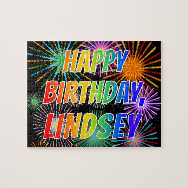 Quebra-cabeça Primeiro nome "LINDSEY", Diversão "FELIZ ANIVERSÁR (Horizontal)