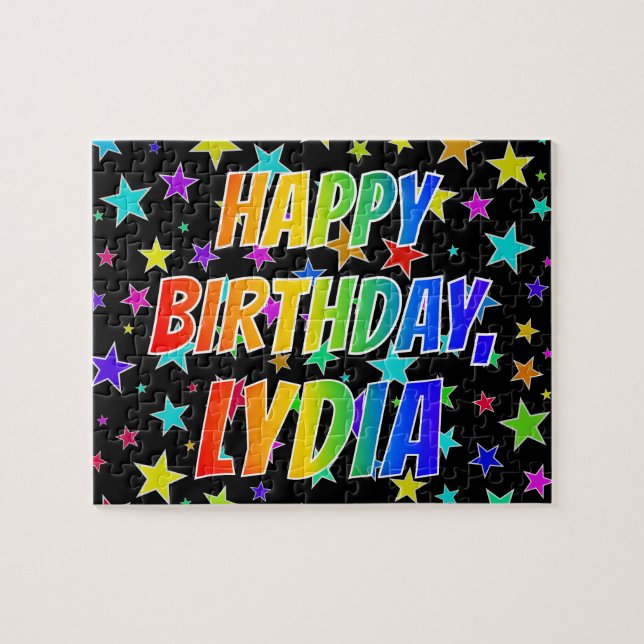Quebra-cabeça Primeiro nome "LYDIA", Diversão "FELIZ ANIVERSÁRIO (Horizontal)