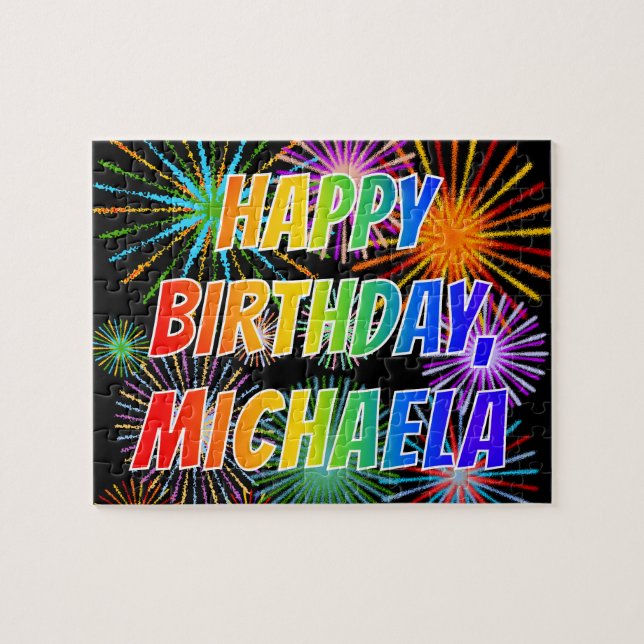 Quebra-cabeça Primeiro nome "MICHAELA", Diversão "FELIZ ANIVERSÁ (Horizontal)