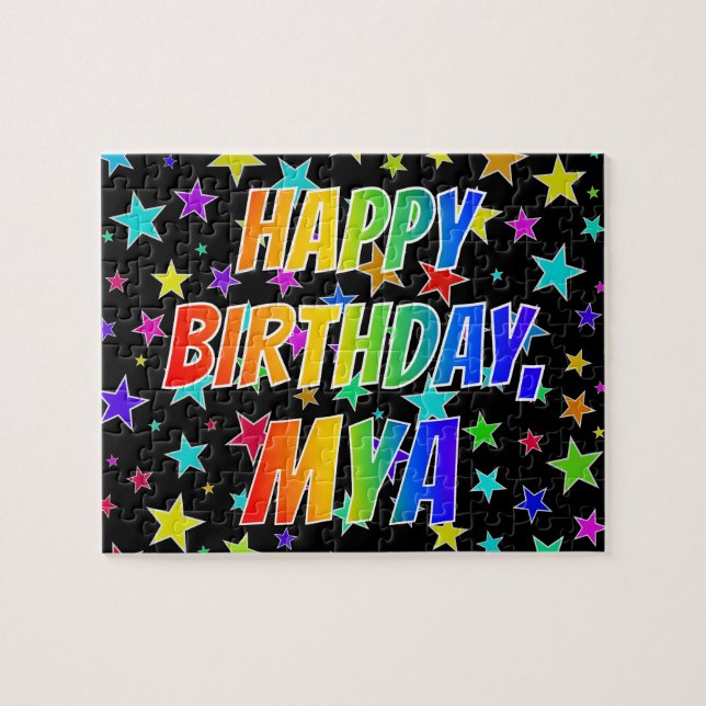 Quebra-cabeça Primeiro nome "MYA", divertido "Feliz aniversário" (Horizontal)