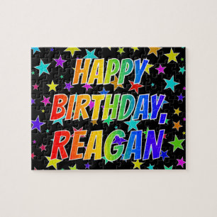 Quebra-cabeça Primeiro nome "REAGAN", divertido "FELIZ ANIVERSÁR