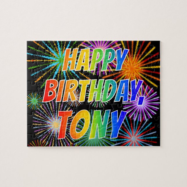Quebra-cabeça Primeiro Nome "TONY", Diversão "FELIZ ANIVERSÁRIO" (Horizontal)