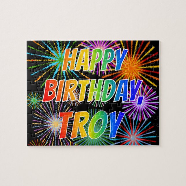 Quebra-cabeça Primeiro nome "TROY", Diversão "FELIZ ANIVERSÁRIO" (Horizontal)