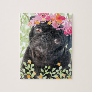 Quebra-cabeça Pug Adorável com flores de aquarela