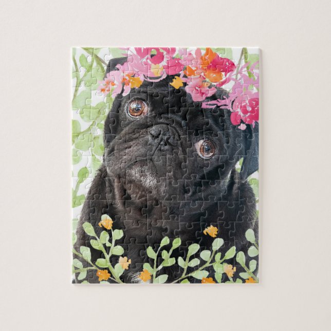 Quebra-cabeça Pug Adorável com flores de aquarela (Vertical)