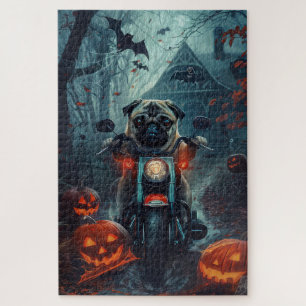 Quebra-cabeça Pug Andando de Moto Halloween Assustador