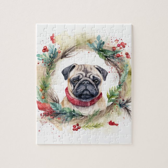 Quebra-cabeça Pug Christmas Wreath Festivo Pup (Vertical)