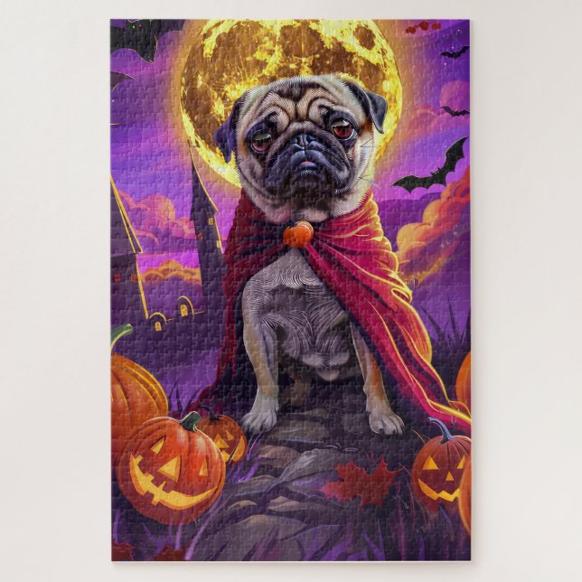 Quebra-cabeça Pug de Halloween Abóboras Vampiro Assustador  (Vertical)