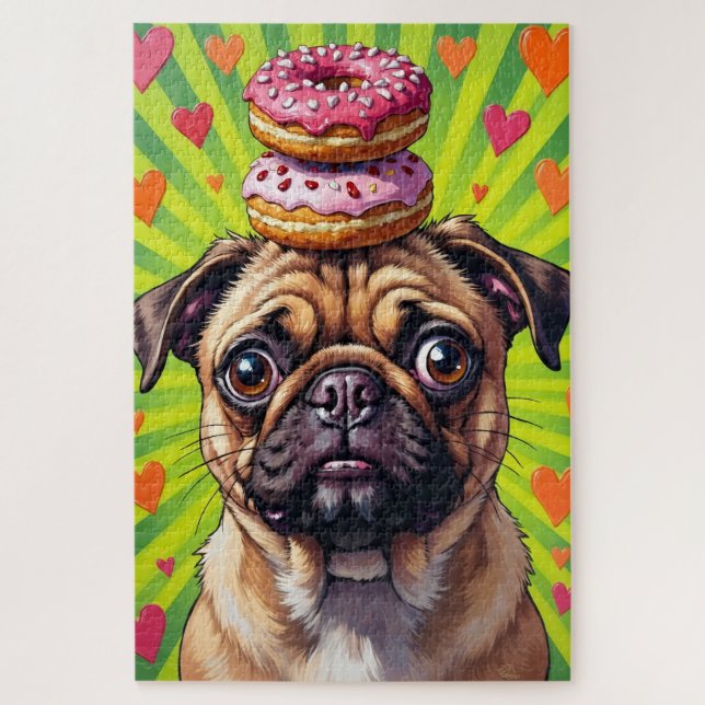 Quebra-cabeça Pug Dog Valentine's Day Heart Donut Stack (Vertical)