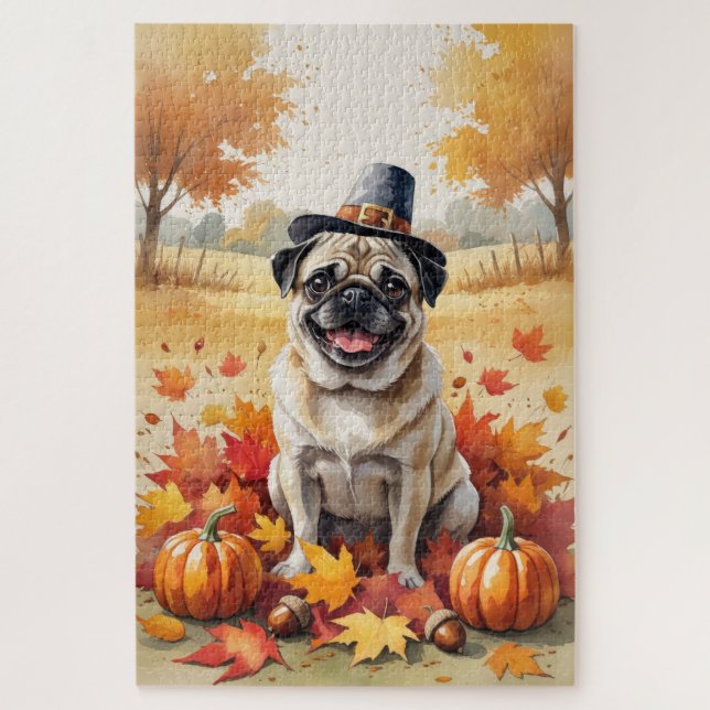 Quebra-cabeça Pug em Folhas de Outono Arte de Ação de Graças (Vertical)