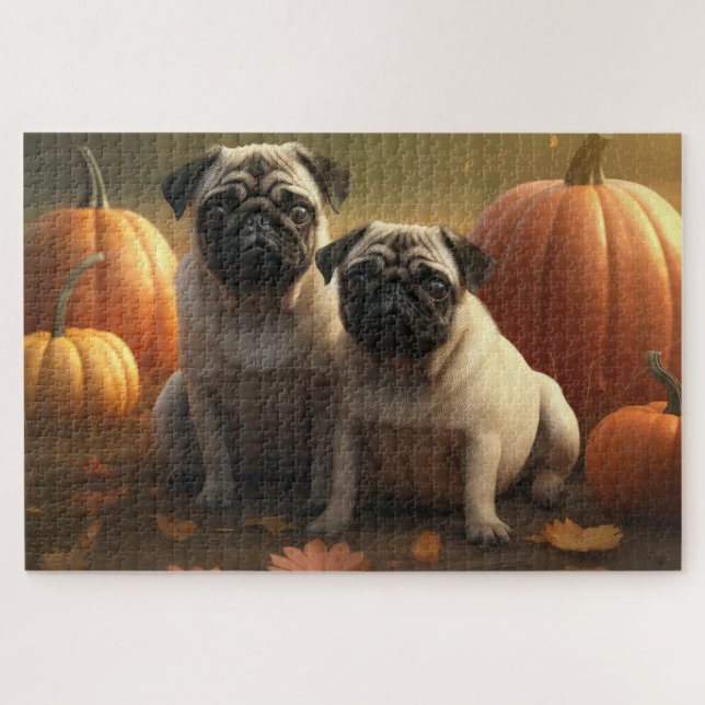 Quebra-cabeça Pug Filhote Delícia de Outono Abóbora (Horizontal)