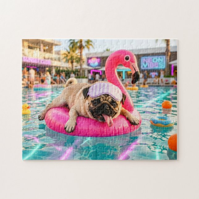 Quebra-cabeça Pug Flutuando em Flutuador de Flamingo Rosa (Horizontal)