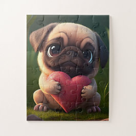 Quebra-cabeça Pug Fofo Segurando um Coração