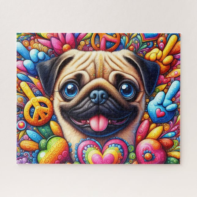 Quebra-cabeça Pug Hippie Fofo (Horizontal)