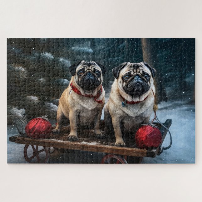 Quebra-cabeça Pug Nevado Trenó Decoração de Natal (Horizontal)