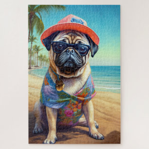 Quebra-cabeça Pug on Beach, presente de verão para o amante do c