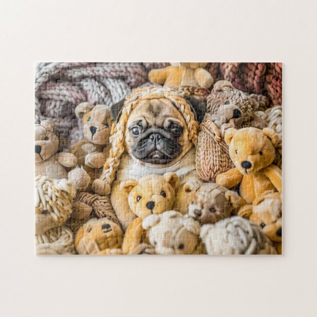 Quebra-cabeça Pug Rodeado por Ursos de Pelúcia (Horizontal)