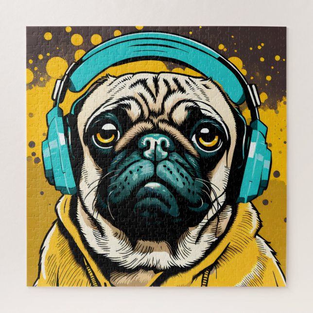 Quebra-cabeça Pug vestindo fones de ouvido (Vertical)