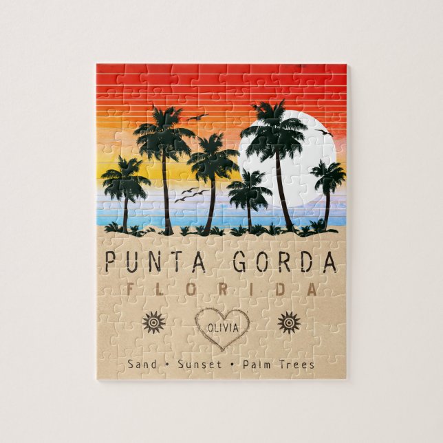 Quebra-cabeça Punta Gorda Florida Retro Sunset Palm tree 1960 (Vertical)