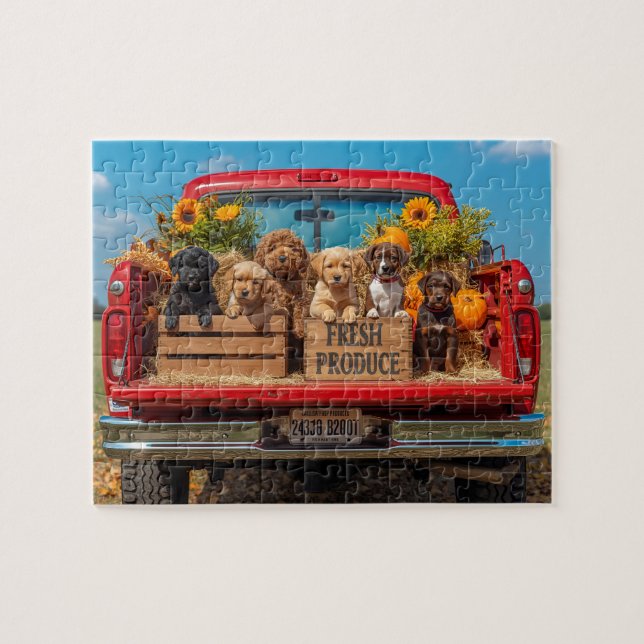 Quebra-cabeça Puppies Red Truck Sunflowers Fall Harvest (Horizontal)