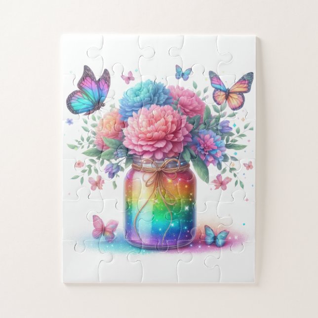Quebra-cabeça Puzzle-Arco-íris Borboleta e Flor Glitter  (Vertical)
