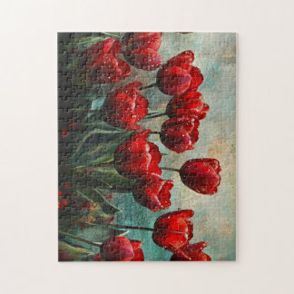 Quebra-cabeça Puzzle de Flores de Tinta a Óleo de Tulipas Vermel