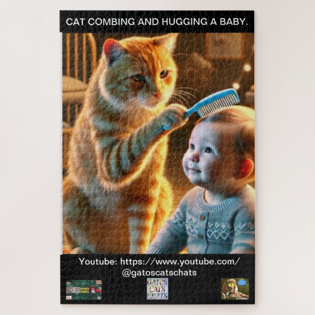 QUEBRA-CABEÇA PUZZLE OF A CAT COMBING AND HUGGING A BABY. (Vertical)