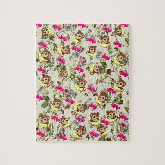 Quebra-cabeça Puzzles Florais Macacos Bananas Corações Rosa (Vertical)