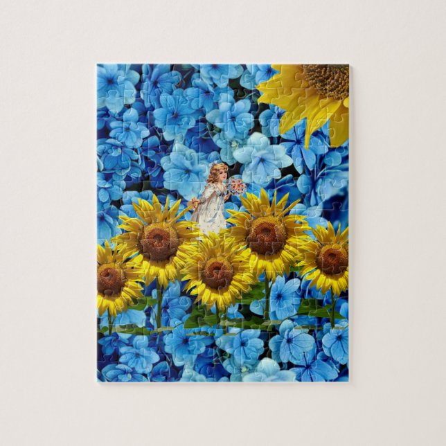 Quebra-cabeça Puzzles Girassol Fada Azul Floral (Vertical)