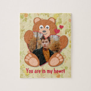Quebra-cabeça Quadro de Foto do Coração do Urso Amarelo Verde Mo