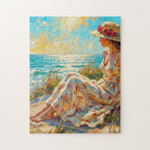 Quebra-cabeça Quadro de Senhora na Praia Impressionista a óleo –