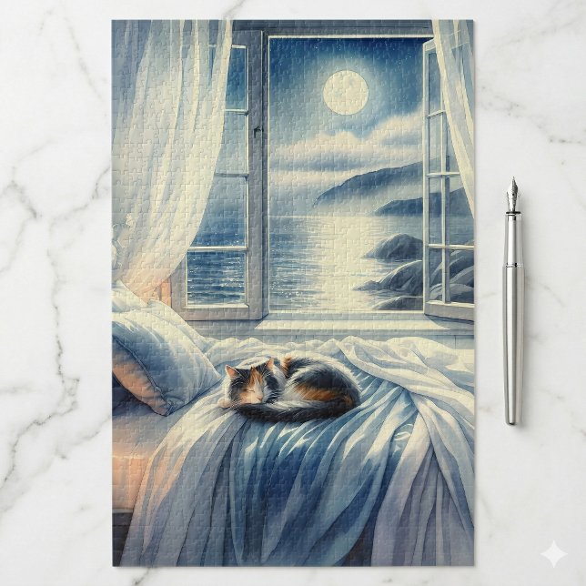 Quebra-cabeça Quarto à Beira-Mar ao Luar com Gato Adormecido (Moonlit Coastal Bedroom with Sleeping Cat Jigsaw Puzzle)