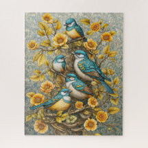 Quatro aves brancas e azuis em árvore florescente