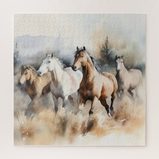 Quebra-cabeça “Quatro Mustangs Selvagens” Aquarela Ocidental Emp (Vertical)