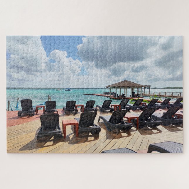 Quebra-cabeça Quiet Morning by the Sea – Peaceful Coastal Deck (Horizontal)