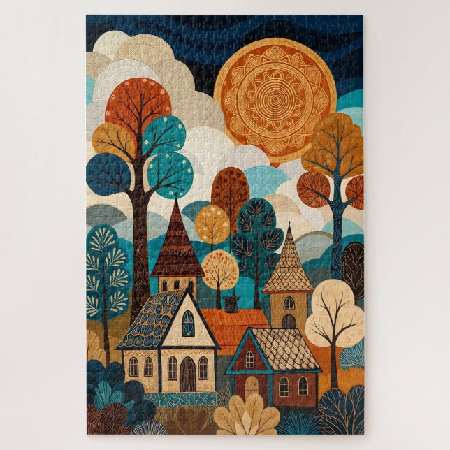 Quebra-cabeça Quilted Folk Art Village - Patchwork Sun & Trees L (Vertical)