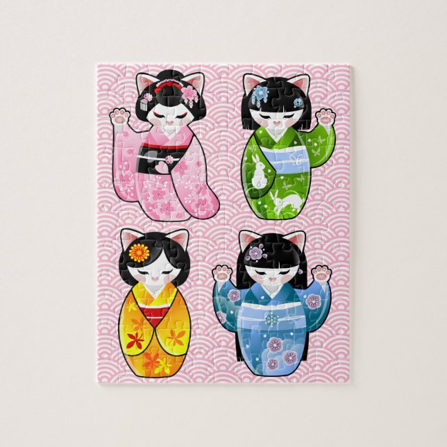 Quebra-cabeça Quimono Kokeshi do gato de Maneki Neko Kawaii de (Vertical)