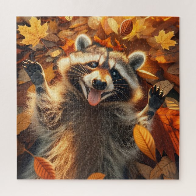Quebra-cabeça Raccoon Tocando nas Folhas do outono (Vertical)