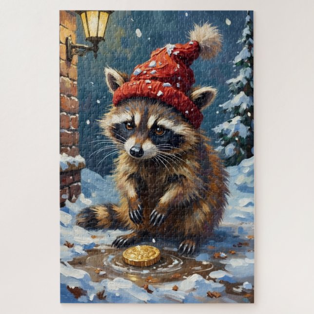 Quebra-cabeça Raccoon Washing Stolen Christmas Gold Hat (Vertical)