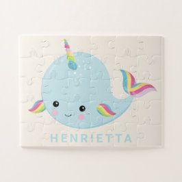 Quebra-cabeça Rainbow Narwhal Kawaii Padrão Pastel Nome Azul