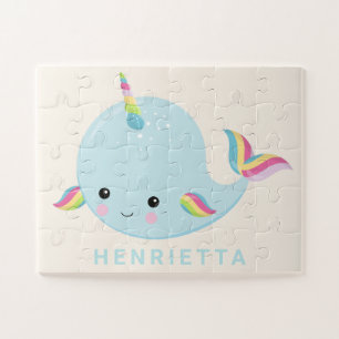 Quebra-cabeça Rainbow Narwhal Kawaii Padrão Pastel Nome Azul