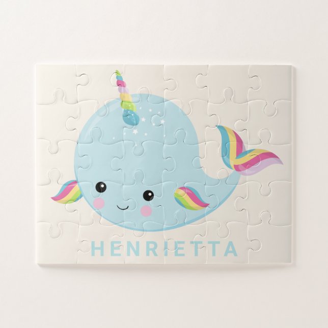 Quebra-cabeça Rainbow Narwhal Kawaii Padrão Pastel Nome Azul (Horizontal)