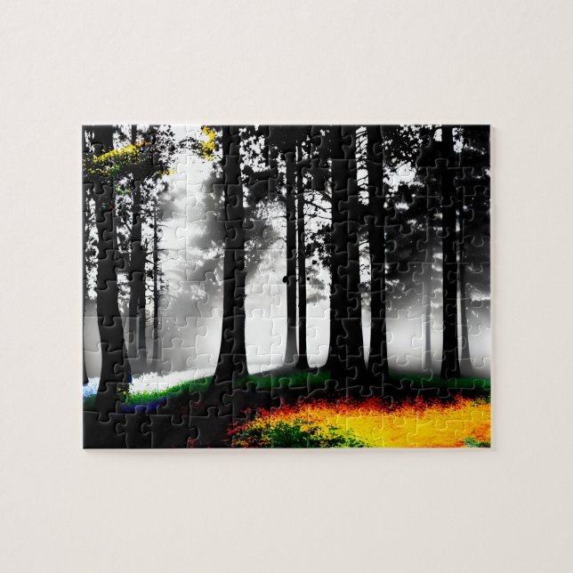 Quebra-cabeça Rainbow Paint Splatter sobre a Floresta Silhueta (Horizontal)