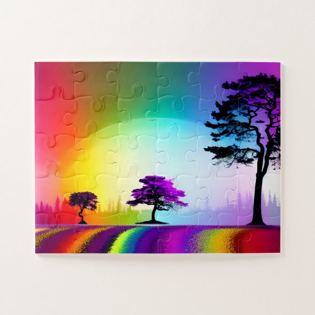 Quebra-cabeça Rainbow Road Through Silhouette Trees with Purple (Horizontal)